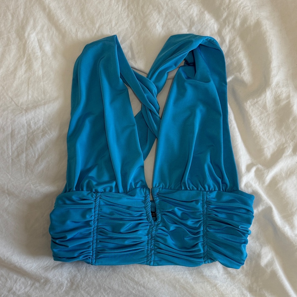 Zara Blue Halter Crop Top Cross Back